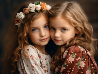 Beautiful little sisters share a heartwarming embrace