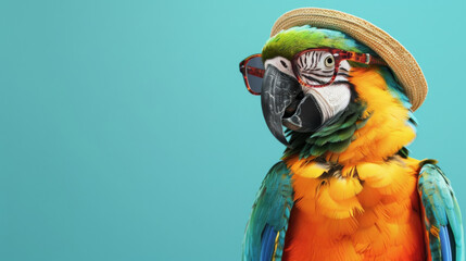 Colorful parrot wearing a hat and glasses on a turquoise background, showcasing a fun and quirky...