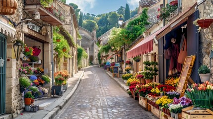 Fototapeta premium A scenic drive through a European village reveals charming cobblestone streets, historic buildings, and vibrant flower markets.