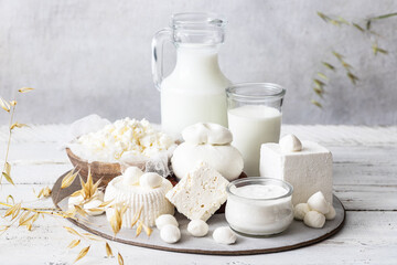 Fresh dairy products (milk, kefir, feta, cottage cheese, Mozzarella).Symbols of jewish holiday - Shavuot	