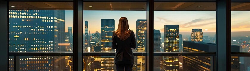 Businesswoman gazing at city skyline through office window at sunset, contemplating success and opportunities, urban professional life