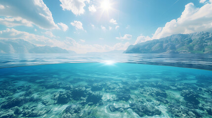 Split underwater view with sunny sky and serene sea.