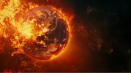 Fototapeta premium a realistic depiction of the Earth engulfed in flames. The fire is concentrated on one hemisphere of the planet, giving the impression that it is being consumed by fire