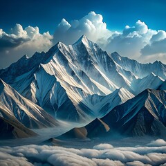 The sky is blue, it takes up most of the layout, and the peaks of the mountains are visible below