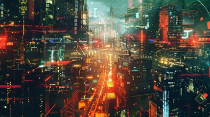 Obraz premium Metallic Sci-Fi Cityscape with Futuristic Elements, Neon Lights, and High-Tech Urban Environment, Ideal for Tech and Cyberpunk Themes in Poster Design