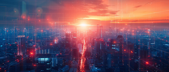 Naklejka premium The vibrant metropolis comes alive with the warm hues of the setting sun, casting a fiery glow over the urban landscape.