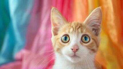 Surprised cat with big eyes close-up on a colorful background.