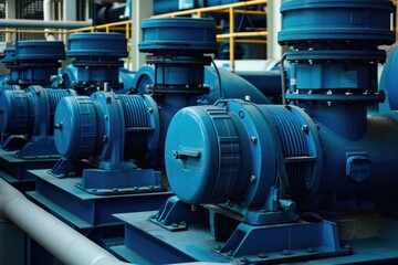 A row of blue pumps are lined up next to each other. The pumps are all the same size and color, and they are all connected to a pipe. Concept of order and uniformity