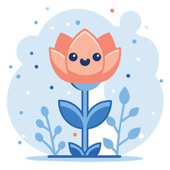 Cartoon Flower with Smiling Face and Blue Leaves