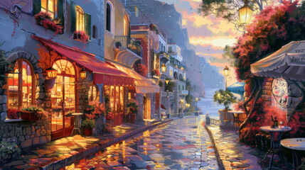Fototapeta premium A picturesque European street at sunset, featuring cozy cafes, warm lights, cobblestone pathways, and vibrant flower arrangements creating a romantic ambiance. Charming European Street at Sunset