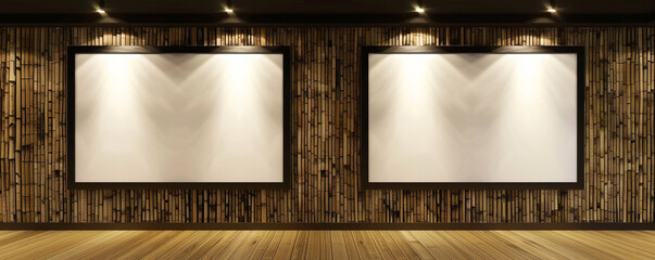 Inside a contemporary architectural studio, two white frames with dark borders are displayed against a wall with a bamboo texture.