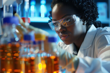 African-American Female Scientist in Laboratory – Conducting Research and Experiments. a laboratory setting, focused on conducting research, analyzing samples, or performing experiments