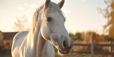 A white horse with a brown fence in the background. The horse is looking at the camera
