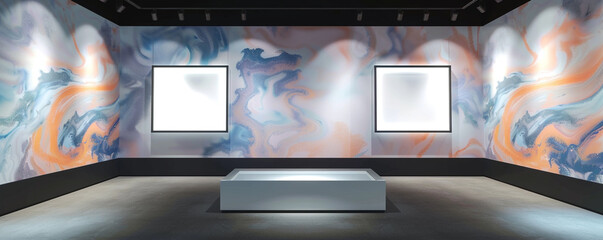 Inside a minimalist architectural office, two empty white frames with dark borders, each spotlighted centrally against