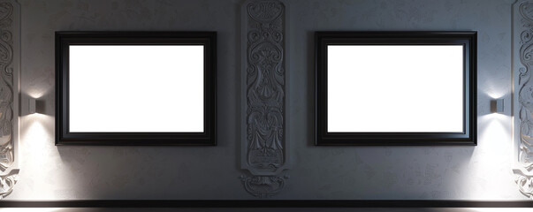 Inside a minimalist architectural office, two empty white frames with dark borders, each centrally spotlighted against