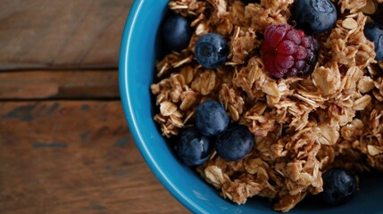 A bowl of oatmeal with blueberries and raspberries. The bowl is blue and sits on a wooden table