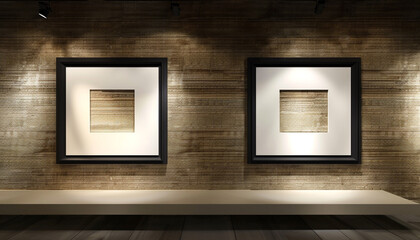Inside a minimalist architectural office, two empty white frames with dark borders, each spotlighted centrally against 