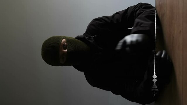 An unknown man in a balaclava and all black sits in front of the camera and speaks while gesturing with his hands. Conversation visualization, audio spectrum. Vertical video for smartphone.