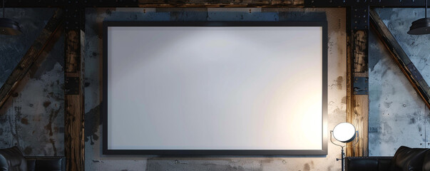 One empty white frame with dark borders, centrally spotlighted and tilted slightly to the right in a modern architectural studio against a wall 