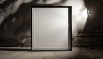 One empty white frame with dark borders, centrally spotlighted and tilted slightly to the right in a modern architectural studio against a wall 