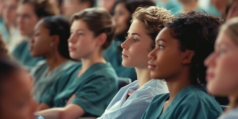 A group of people are sitting in a classroom, with a woman in the middle of the group looking at something