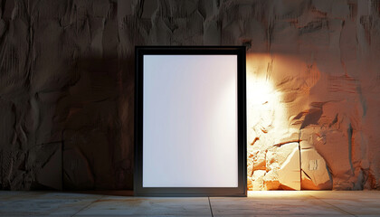 One empty white frame with dark borders, centrally spotlighted and tilted slightly to the right in a modern architectural studio against 