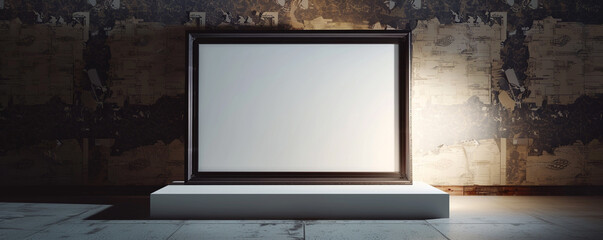 One empty white frame with dark borders, centrally spotlighted and tilted slightly to the right in a modern architectural studio against a wall 