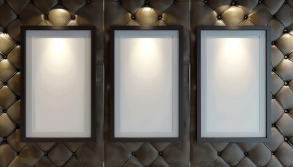 Three empty white frames with dark borders, arranged in a linear fashion against a wall with a leather panel finish in a high-end architectural office.