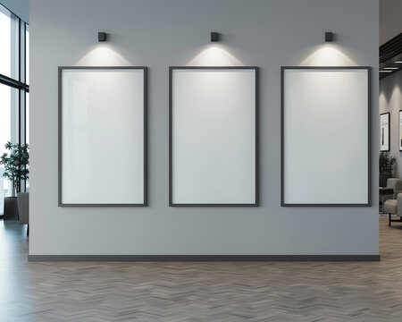 Three empty white frames with dark borders, arranged diagonally across a light gray wall in a modern architectural office.
