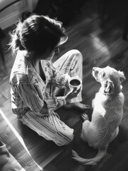 A woman sits on the floor with a dog and a cup of coffee. The scene is peaceful and relaxing, with the woman enjoying her coffee and the company of her dog