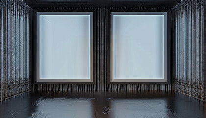 Two empty white frames with dark borders, spotlighted in a sleek architectural design studio against a wall