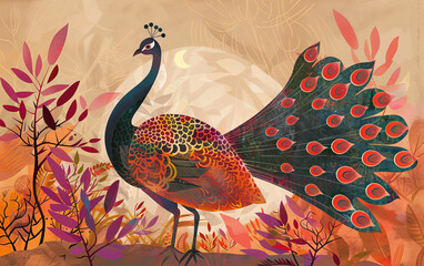 Illustrated peacock with colorful feathers in a vibrant autumn landscape featuring abstract leaves and nature elements.
