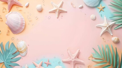 A beach scene with a pink background and a green leaf