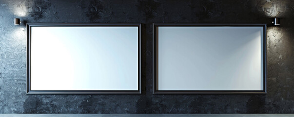 Two empty white frames with dark borders, spotlighted in a sleek architectural design studio against a wall with a matte black finish. 