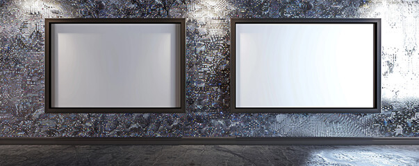 Two empty white frames with dark borders, spotlighted in a sleek architectural design studio against a wall with a sequined texture.
