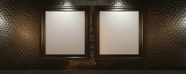 Two empty white frames with dark borders in an architectural studio, centrally spotlighted and angled--one facing slightly forward 