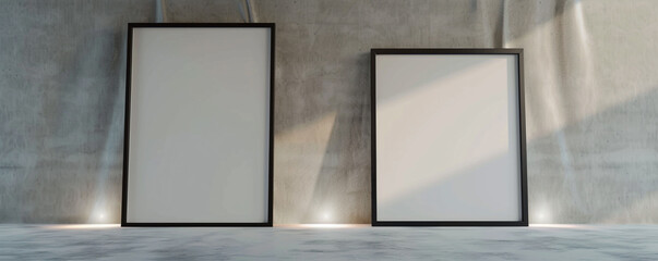 Two empty white frames with dark borders in an architectural studio, centrally spotlighted and angled--one facing slightly forward 