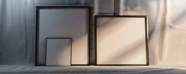 Two empty white frames with dark borders in an architectural studio, centrally spotlighted and angled--one facing slightly forward 
