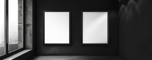 Two empty white frames with dark borders, spotlighted in a sleek architectural design studio against a wall with a matte black finish. 