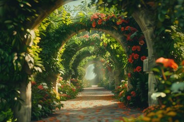 A long tunnel with a path of flowers and plants
