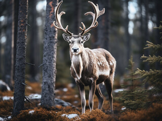 Fototapeta premium Scandinavian charm comes alive with Lapland's enchanting reindeer in Finland