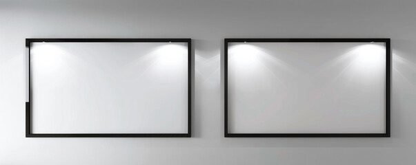 Two horizontal empty white frames with dark borders in a sophisticated architectural office, each spotlighted against a light gray wall. 