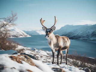 Northern Norway's winter wonderland sets the scene for reindeer grazing by picturesque fjords