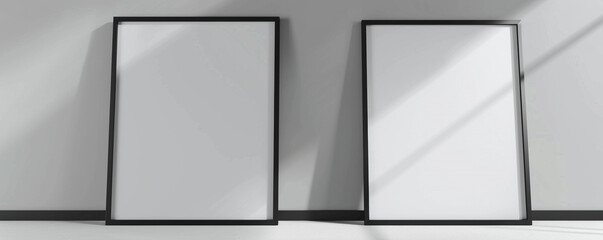 Two empty white frames with dark borders in an architectural studio, spotlighted and angled--one facing slightly forward 