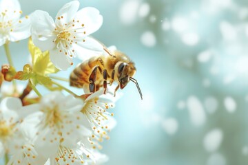 A bee is sitting on a flower. The image has a peaceful and calm mood
