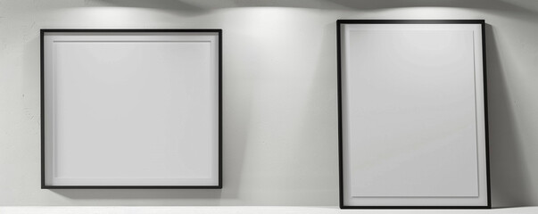 Two white frames with dark borders displayed against a light gray wall in a state-of-the-art architecture studio. One frame is angled forward, 