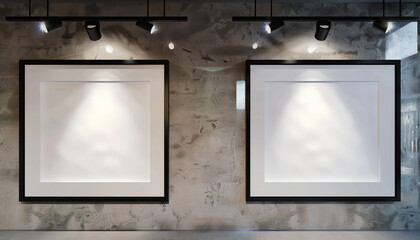 Two white frames with dark borders displayed against a wall with a reflective mirror texture in a state-of-the-art architecture studio. 
