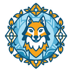 Fototapeta premium Orange Wolf Head in Blue and Orange Floral Frame