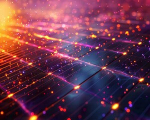 Obraz premium Vivid abstract background with glowing grids and particles, showcasing futurism and technology in vibrant colors.