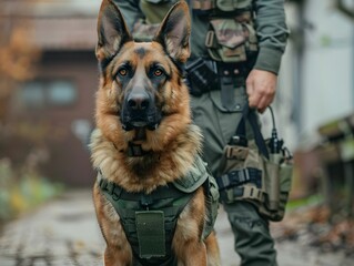 A vigilant German Shepherd wearing tactical gear, standing beside a military handler in uniform, demonstrating readiness and alertness.